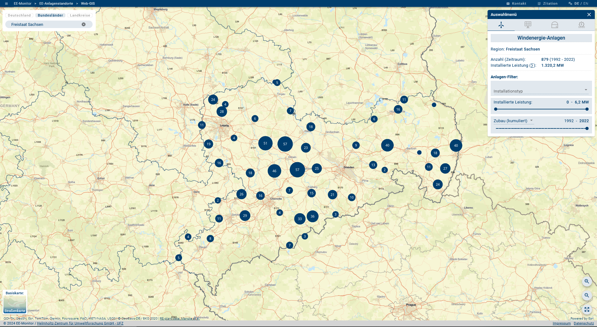 View of the WebGIS EE-Monitor - Wind turbines in Saxony